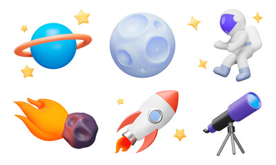 space icon set. space objects, astronaut, stars, telescope, rocket, and more. isolated 3d icons, obj