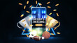 © DDevicee - Sports betting, banner with smartphone, champion cups, falling gold coins, sport balls and neon hologram of triangle border on background