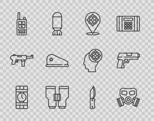 Sticker - Set line Dynamite and timer clock, Gas mask, Target sport, Binoculars, Walkie talkie, Military beret, knife and Pistol gun icon. Vector