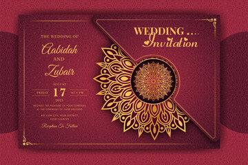 Luxury Mandala Wedding Invitation Card template with golden arabesque pattern Arabic Islamic east background style. Editable vector file. Decorative mandala for print, poster, cover, flyer, banner.