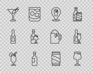 Sticker - Set line Cocktail, Wine glass, Alcohol or beer bar location, bottle, Martini, with, Beer can and Champagne and icon. Vector