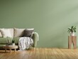 canvas print picture Interior wall mockup in dark tones with green sofa on green wall background.