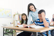 © jokekung - asian students studying and do work with teacher in classroom, asian teacher teaching and explaining about how to do homework, asian boy feeling stress and headaches, happiness elementary school