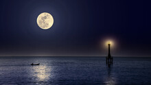 Moon Over The Sea With Boat And Lighthouse