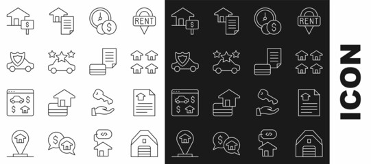 Sticker - Set line Garage, House contract, Real estate, Time is money, Car sharing, with shield, dollar and Credit card icon. Vector