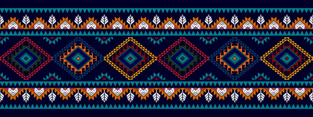 Ikat ethnic seamless pattern design. Aztec fabric carpet mandala ornaments textile decorations wallpaper. Tribal boho native ethnic turkey traditional embroidery vector background 