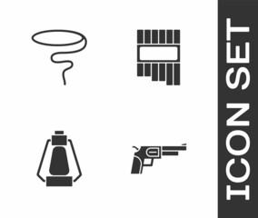 Wall Mural - Set Revolver gun, Lasso, Camping lantern and Pan flute icon. Vector