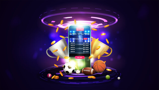 sports betting, purple banner with smartphone, champion cups, falling gold coins, sport balls and ho