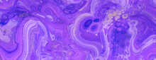 Flowing Elegant Marbling Banner In Beautiful Violet And Purple Colors. Paint Texture With Gold Powder.
