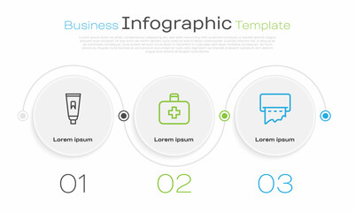 Wall Mural - Set line Tube of toothpaste, First aid kit and Paper towel dispenser on wall. Business infographic template. Vector