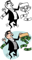 Sticker - A vintage retro cartoon of a businessman emptying an envelope full of dollar bills. 