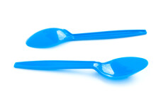 Blue Plastic Spoons On White Background