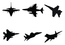 Airplanes, Aircraft Jet Vector Silhouettes. Set Of Plane Monochrome Black, War Jets.