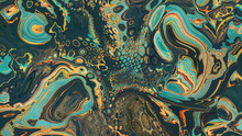 Beautiful Green And Orange Paint Swirls With Gold Powder. Abstract Marbling Background.