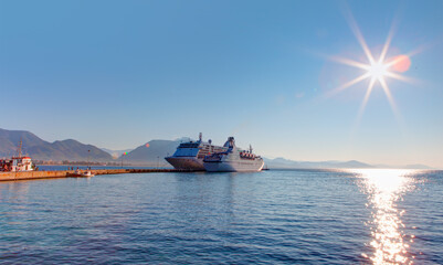 Wall Mural - White giant luxury cruise ship on stay at Alanya harbor - Alanya, Antalya