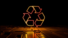 Orange And Yellow Neon Light Recycle Icon. Vibrant Colored Eco Technology Symbol, On A Black Background With High Tech Floor. 3D Render