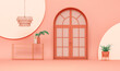 Door and window, plant concept in Peach Fuzz is color trend of the Year 2024. 3D rendering for web page, presentation or picture frame backgrounds, minimalist, summer concept