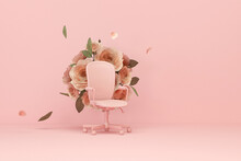 Swivel Chair With Falling Colorful Flowers On Pastel Pink Background. Advertisement Idea. Creative Composition. 3d Render, Social Media And Studio Concept
