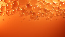 Liquid Drops On Orange And Yellow Background. Macro Banner With Copy-Space.