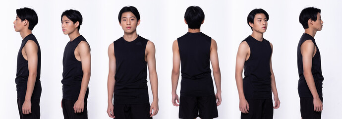 Half body Face of Asian Teenager Boy, 360 front side rear back view, wear black shirt short pant