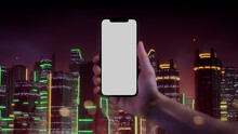 Cyberpunk Phone Mockup, With Orange And Green Neon Cityscape Background.