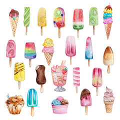 Watercolor big set of different fruit ice cream.