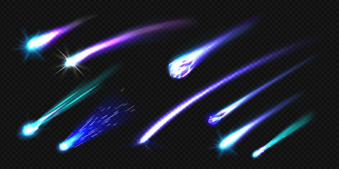Wall Mural - flying comets, asteroids or meteors with flame trail isolated on transparent background. vector real