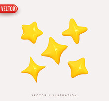 Set Of Yellow Stars Different Shapes. Realistic 3d Design Cartoon Style. Vector Illustration