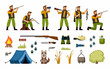 hunters. weapons camping tools tent binoculars bonfire. Vector persons hunters in action poses