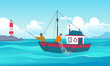 fishing background. fisherman with rods standing on boat in ocean vector happy sailors outdoor cartoon template