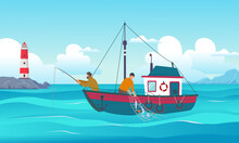 Fishing Background. Fisherman With Rods Standing On Boat In Ocean Vector Happy Sailors Outdoor Cartoon Template