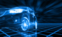 Modern SUV Car Open Headlamp Parked On Dark Background In Futuristic Vehicle Concept. Future Transportation. Futuristic Autonomous Car. Driverless Autonomous Vehicle. Self-driving Car Technology.
