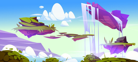 Wall Mural - fantasy summer landscape with floating islands with green grass and waterfall. vector cartoon illust