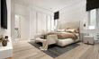 Modern luxury bedroom interior in warm tones, bedroom mock up, arch pattern wall background, 3d rendering