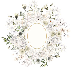 Frame with watercolor white flowers, sea shells, coral and leaves, isolated on white background