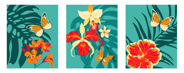 3 posters with tropical flowers