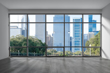 Downtown Chicago City Skyline Buildings From High Rise Window. Beautiful Expensive Real Estate Overlooking. Empty Room Interior Skyscrapers View In Penthouse Cityscape. Day Time. 3d Rendering.