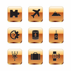 Canvas Print - Set Piece of puzzle, Algorithm, Suitcase for travel, Voice assistant, Clock and gear and Mountains icon. Vector