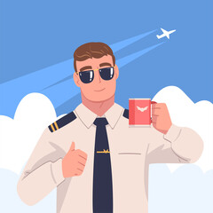 Poster - Man Aircraft Pilot or Aviator in Sunglasses Holding Mug and Showing Thumb Up Gesture Vector Illustration