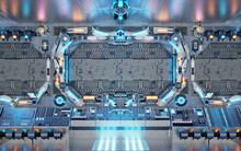 White Spaceship Interior With Glowing Control Panels. Futuristic Space Station Background With Blue And Orange Neon Lights. 3d Rendering