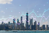 Fototapeta  - City view, downtown skyscrapers, Chicago skyline panorama, Lake Michigan, harbor area, daytime, Illinois, USA. Forex graph hologram. The concept of internet trading, brokerage and fundamental analysis