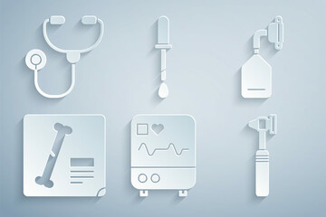 Poster - Set Monitor with cardiogram, Medical oxygen mask, X-ray shots, otoscope tool, Pipette and Stethoscope icon. Vector