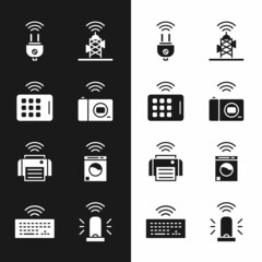 Sticker - Set Smart photo camera, Wireless tablet, electric plug, antenna, printer, washer, flasher siren and keyboard icon. Vector