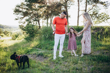 Wall Mural - Family with daughter and dog play together in the garden in summer