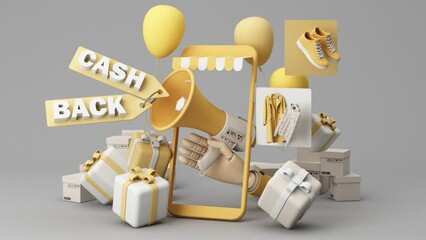 promotion on purchase and special discounts in online shopping surrounded by boxes and cash with refund service cash back financial payment label concept and saving money. 3d rendering animation loop