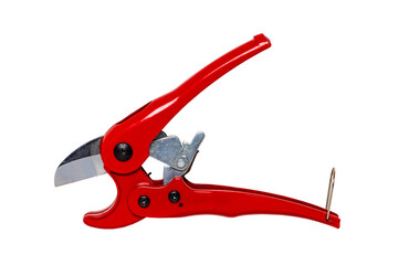 Plumber tools isolated. Closeup of a red PVC pipe cutter for cutting plastic pipes isolated on a white background. Clipping path. Macro. Craftsman tools.