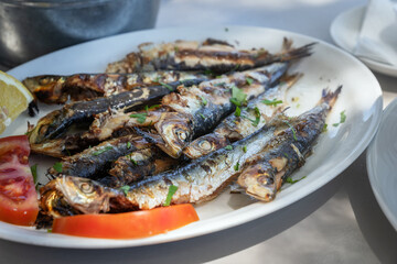 Grilled fish sardines. Freshly fish served with fresh in white plate. Gourmet seafood dinner in outdoor restaurant, taverna in Crete, Greece cuisine. Healthy lifestyle concept.