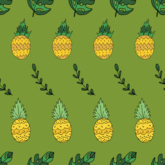 Wall Mural - Tropical pineapples and leaves vector seamless pattern on green