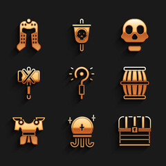 Wall Mural - Set Magic wand, ball, Chest, Gun powder barrel, Body armor, Medieval axe, Skull and helmet icon. Vector