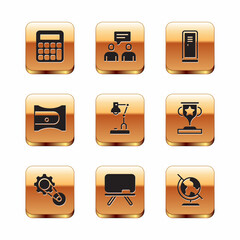 Poster - Set Calculator, Timing belt kit, Chalkboard, Table lamp, Pencil sharpener, Locker changing room, Earth globe and Two sitting men talking icon. Vector